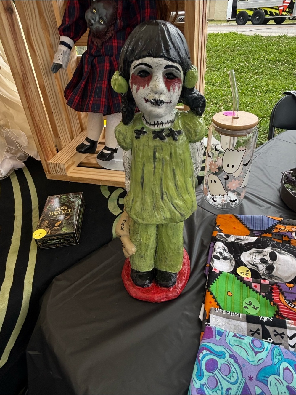 Hand-Painted Creepy Girl Figure in Green Dress
